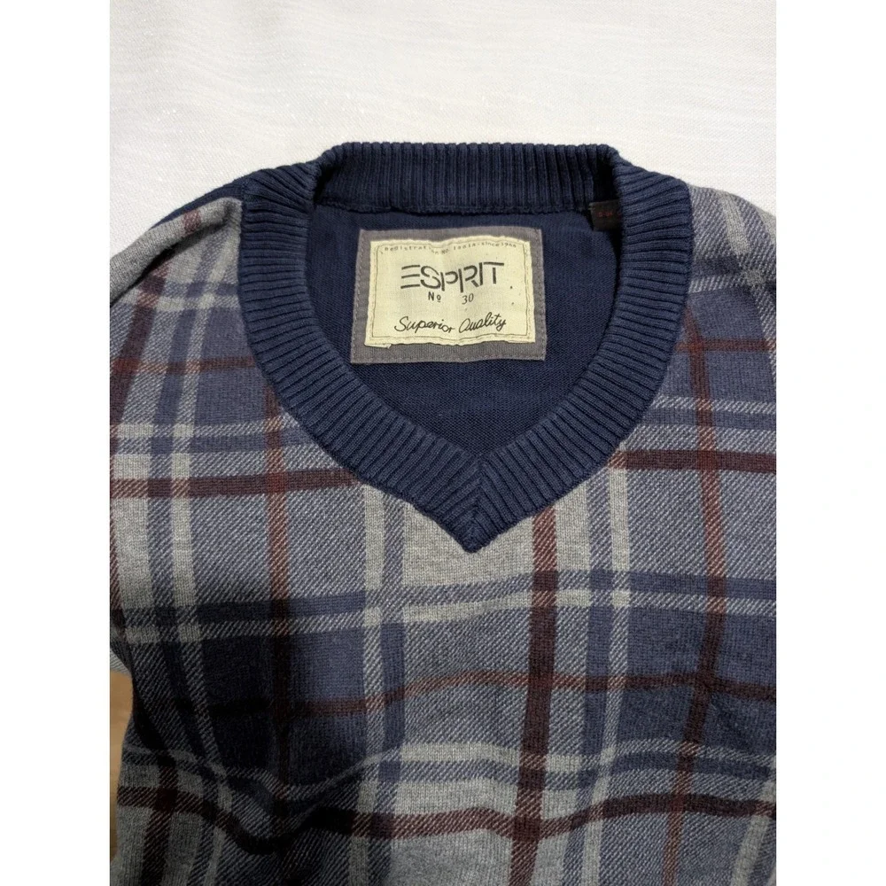 Y2K Esprit Men's V-Neck Plaid Sweater Large Blue Gray Maroon Cotton Long Sleeve‎